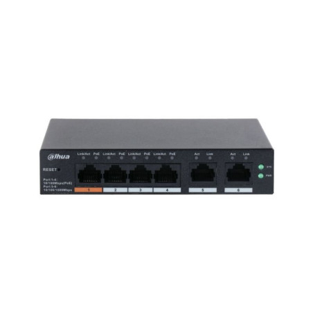 Switch 6 puertos, administrado en la nube, 4 puertos PoE, 10/100 Mbps, Soporta IEEE802.3, IEEE802.3u - DH-CS4006-4ET-60