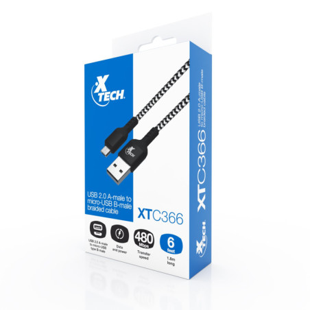 Xtech Cable trenzado USB 2.0 macho A a micro-USB macho B Calibre del cable: 28AWG