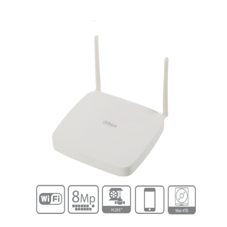 NVR WIFI 2,4GHZ 8CH H.265 DECODIFICACION 1CH@4K O 4CH@2MP AB ENTRADA WIFI 24MBPS 1 SATA 1 HDMI 1RJ45 DHI-NVR2108-W-4KS2